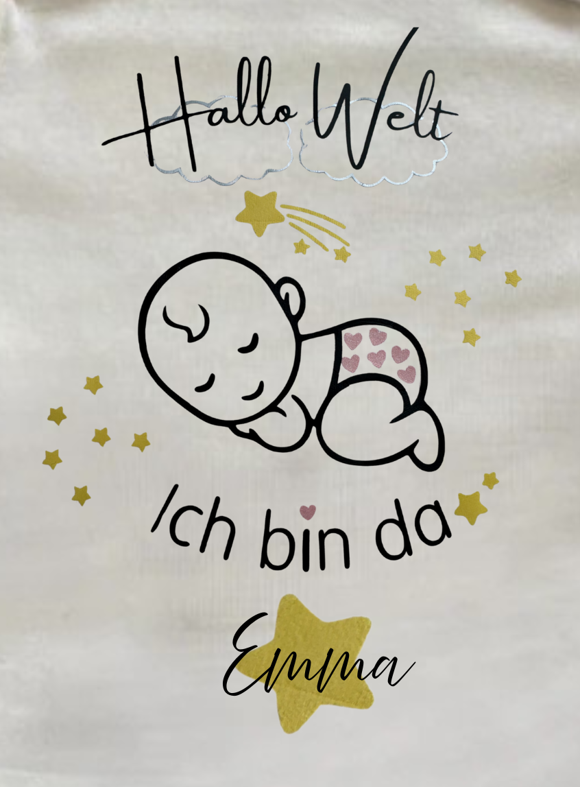 Babybody „Hallo Welt – Ich bin da“ | personalisierbar mit Name & handgeplottet | Mädchen & Jungen Design