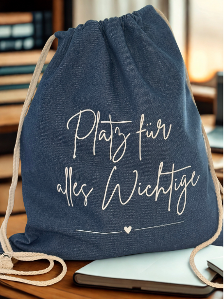 Nachhaltige Denimtasche, Kordelzugtasche in blau "Platz für alles Wichtige"
