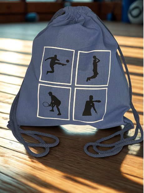 Bio-Baumwolltasche, nachhaltiger Turnbeutel in blau "vier Ballsportarten" "Sportler"