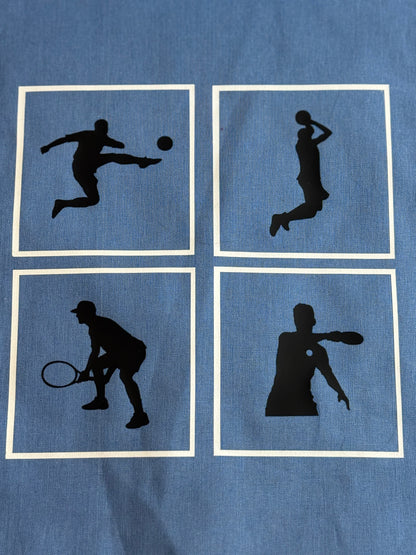 Bio-Baumwolltasche, nachhaltiger Turnbeutel in blau "vier Ballsportarten" "Sportler"