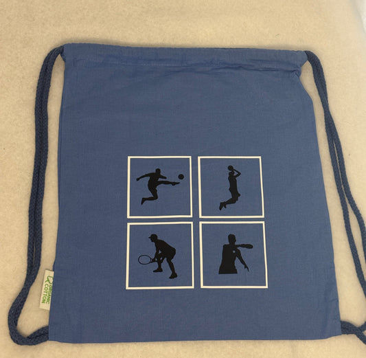Bio-Baumwolltasche, nachhaltiger Turnbeutel in blau "vier Ballsportarten" "Sportler"