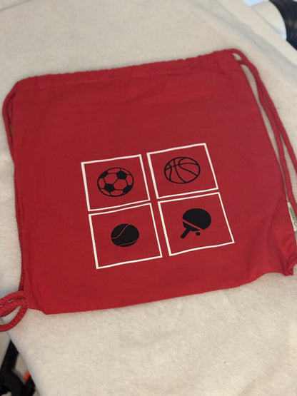 Bio-Baumwolltasche, nachhaltiger Turnbeutel in rot "vier Ballsportarten"