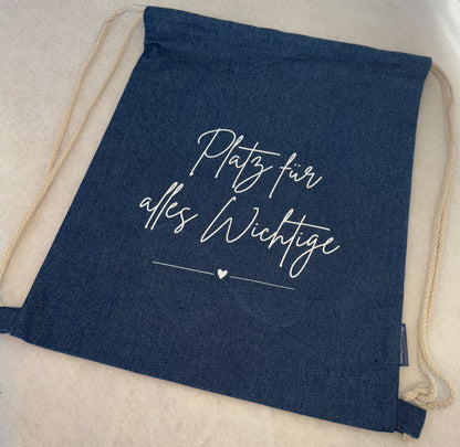 Nachhaltige Denimtasche, Kordelzugtasche in blau "Platz für alles Wichtige"