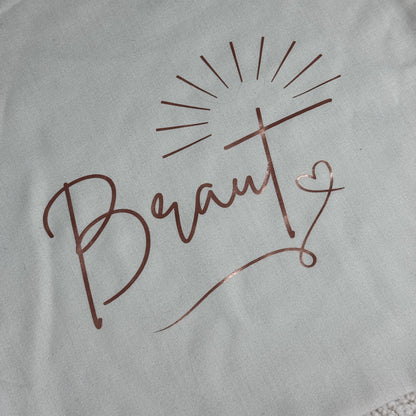 Nachhaltige Kordelzugtasche, JGA-Beutel in weiß "Braut"