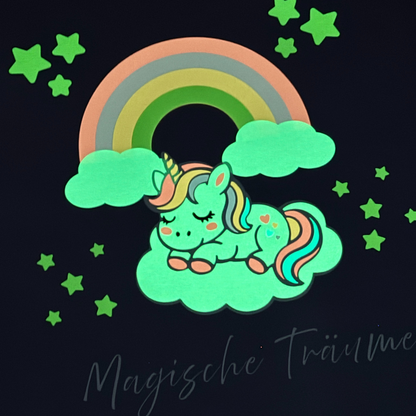✨ Glow-in-the-Dark Schlafanzug Magische Träume – Einhorn auf Wolke | 2-teiliges Set | Leuchtet im Dunkeln | Kinder Pyjama 💜🌈☁️🦄