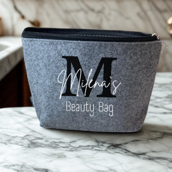 Nachhaltige Kosmetiktasche Filz | Personalisiert mit Initial & Name & "Beauty Bag" | Kultur- & Reisebeutel