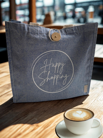 Nachhaltige Baumwolltasche mit Holzknopf "Happy Shopping"