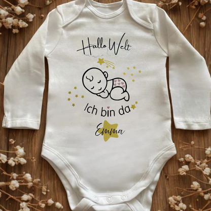 Babybody „Hallo Welt – Ich bin da“ | personalisierbar mit Name & handgeplottet | Mädchen & Jungen Design