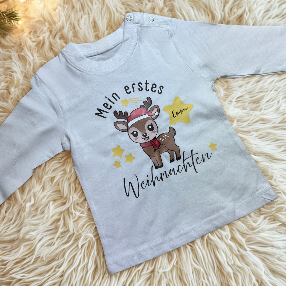 Mein erstes Weihnachten – Baby Shirt mit Rentier | personalisiert mit Name | auch als Body erhältlich