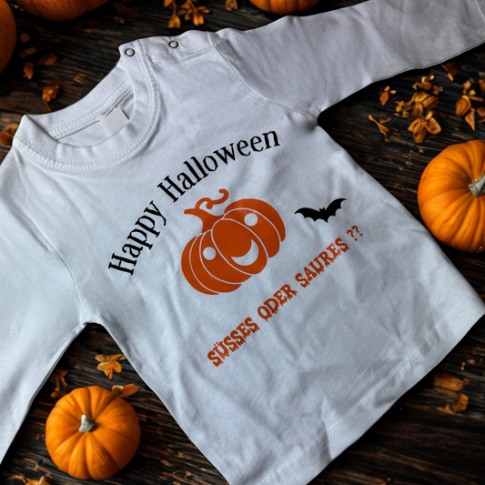 Personalisiertes Langarmshirt für Babys & Kleinkinder "Happy Halloween" – "Süßes oder Saures" "🎃"