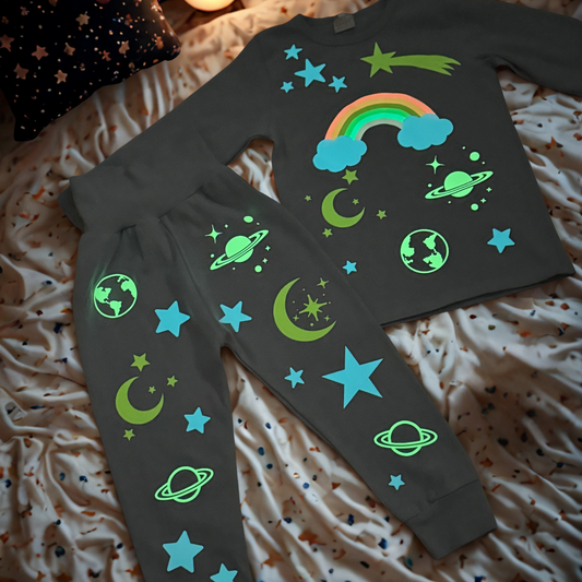 Kinder-Schlafanzug Glow-in-the-Dark| Weltall & Regenbogen