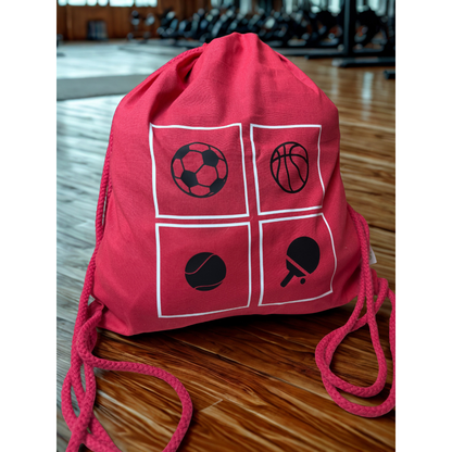 Bio-Baumwolltasche, nachhaltiger Turnbeutel in rot "vier Ballsportarten"