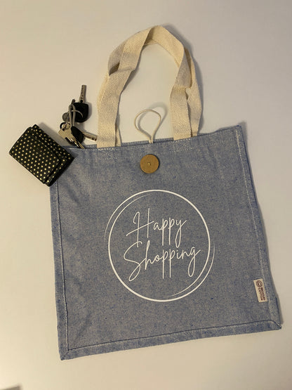 Nachhaltige Baumwolltasche mit Holzknopf "Happy Shopping"
