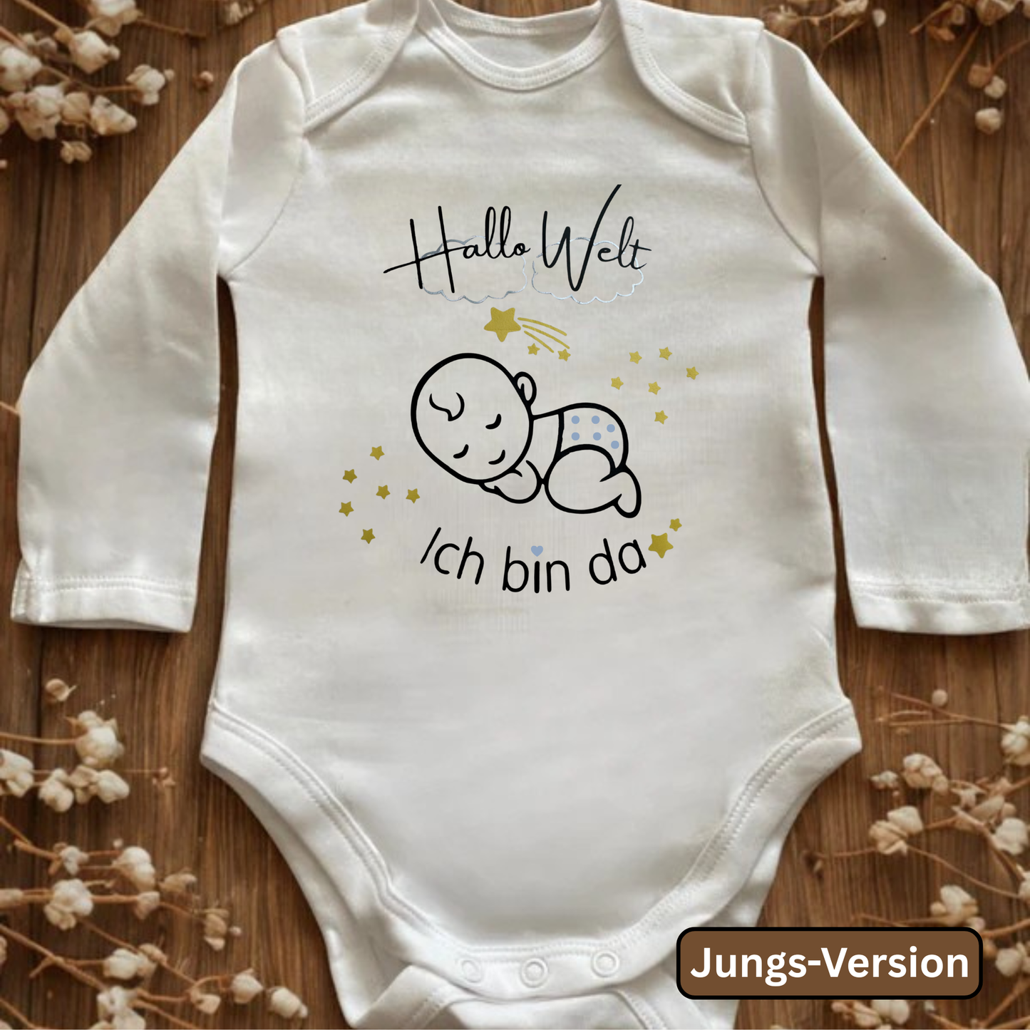 Babybody „Hallo Welt – Ich bin da“ | personalisierbar mit Name & handgeplottet | Mädchen & Jungen Design