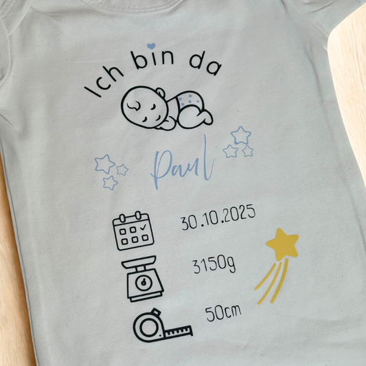 Babybody „Ich bin da“ – personalisierbar mit Name & Geburtsdaten | Junge oder Mädchen Design