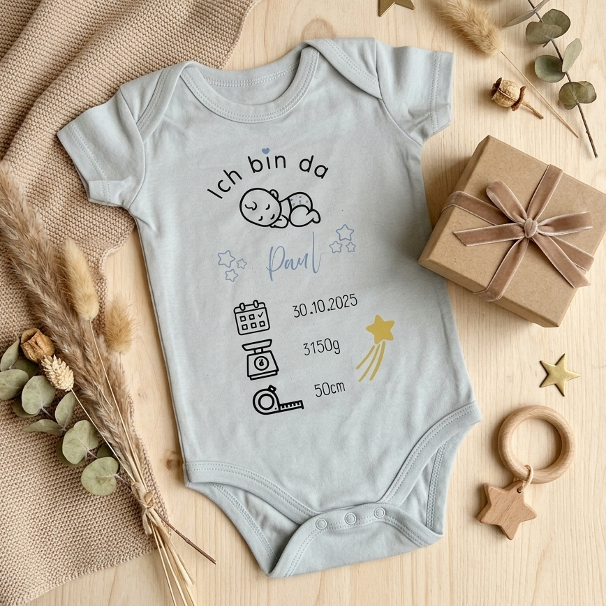 Babybody „Ich bin da“ – personalisierbar mit Name & Geburtsdaten