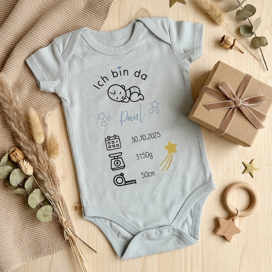 Babybody „Ich bin da“ – personalisierbar mit Name & Geburtsdaten