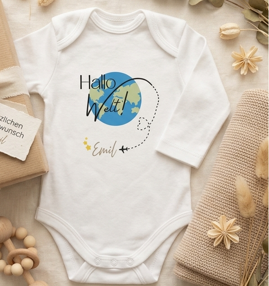 Babybody „Hallo Welt“ | personalisierbar mit Name & handgeplottet