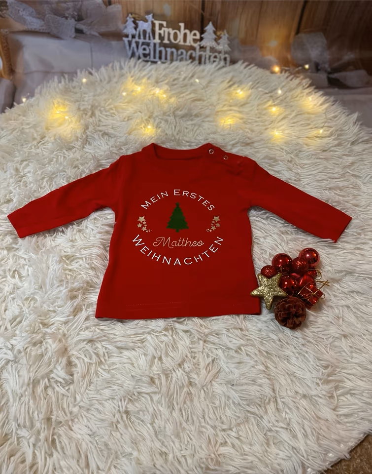 Personalisiertes Langarmshirt für Babys & Kleinkinder „Mein erstes Weihnachten“, Metallic Weihnachtsbaum