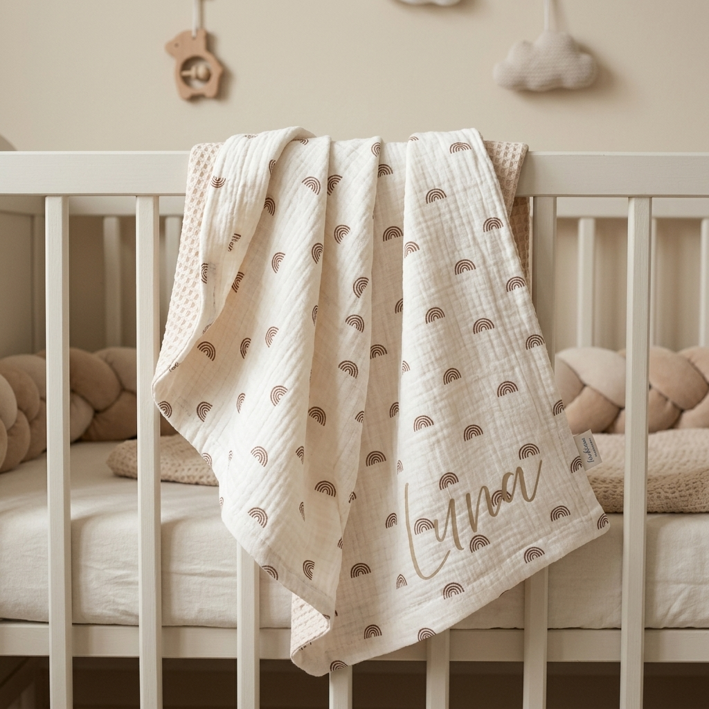 Babydecke Musselin „Rainbow Whisper“ –  Die Boho Babydecke personalisiert mit Name